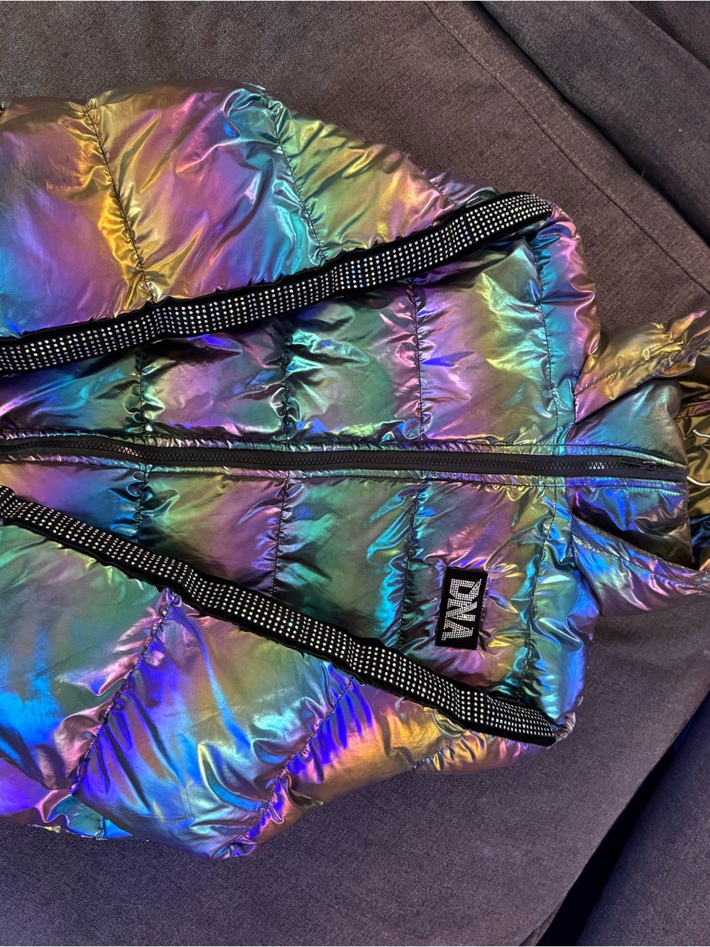 Iridescent Rainbow Puffer Jacket with DNA Patch
